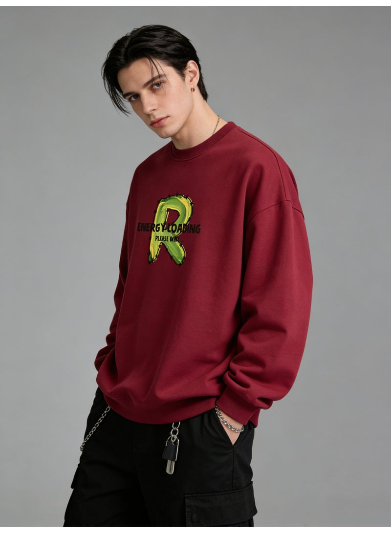 BM INS Burgundy "Graffiti Letter R" Oversized Crew Neck Sweatshirt | Unisex Pullover With "ENERGY LOADING" Slogan - Image 5